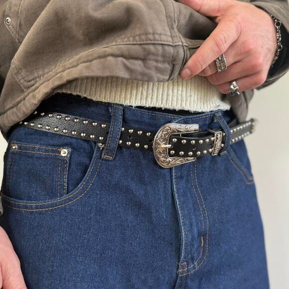 2000s Western Black Silver Studded Belt – Vintage Style, Unisex, Brand New - Picture 7 of 8